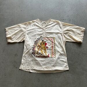 Vintage 70s Life Zimbabwe Shirt Size Large Cream Henley African Tribe Indian